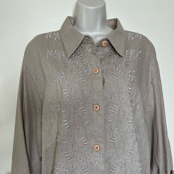 Vicki Waynes Linen Blend Tan Embroidered Button Top Pull On Pant Set Women 20 - Picture 3 of 16